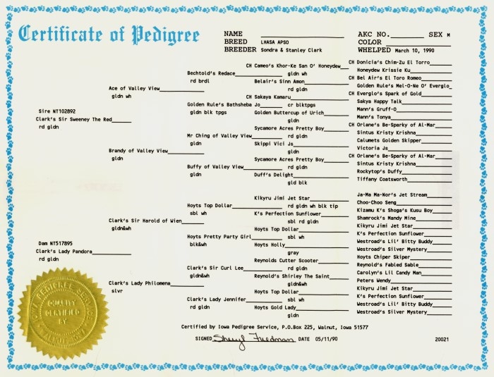 Sherpa's Iowa Pedigree Service Certificate of Pedigree